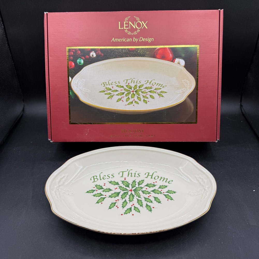 Lenox Holiday Bless This Home Tray 11 in Platter Holly Berries Gold Trim NIB